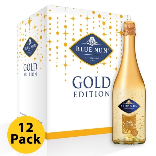 Case of 12 bottles of Blue Nun Sparkling Gold 24K Wine with visible gold flakes.