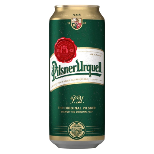 500ml can of Pilsner Urquell beer, featuring its classic green and gold label and branding.