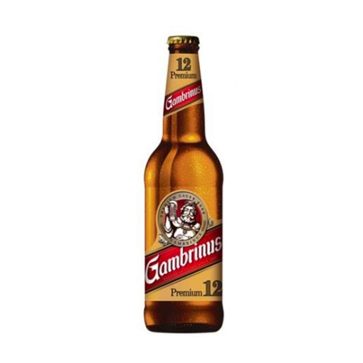 500ml bottle of Gambrinus beer, featuring its classic red and gold label with traditional Czech branding.