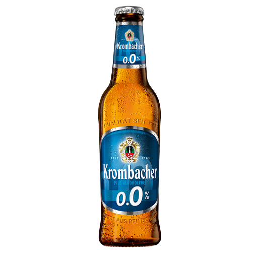 Krombacher Pilsner 0% Non-Alcoholic Beer 330ml bottle, featuring classic German branding.