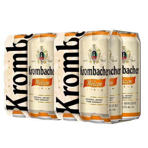 12-pack of Krombacher Weizen Beer 500ml cans, featuring distinctive German branding and wheat imagery.