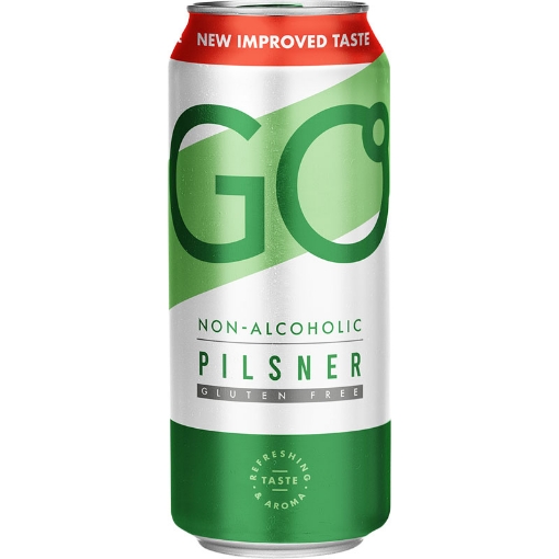 Bottle of Pilsner GO Alcohol Free Beer 500ml, showing a light golden liquid and a label indicating "Alcohol Free" or "0% ABV," with a clean, modern design.