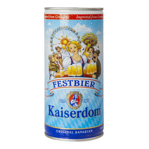 A full can of Kaiserdom Bavarian Festbier 1L, featuring traditional Bavarian festival artwork on the label.