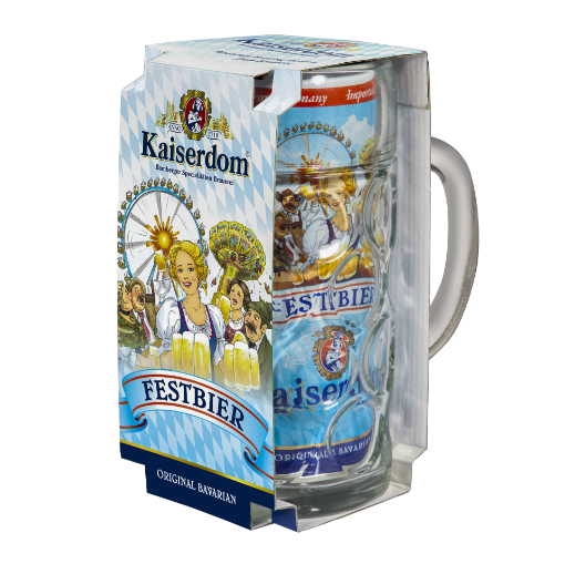 The Kaiserdom Bavarian Festbier gift set, showing the 1L beer can and a traditional glass mug inside the branded presentation box.