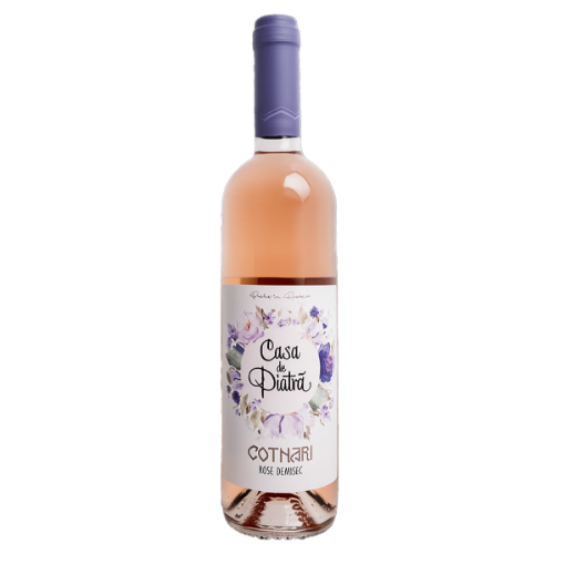 Casa de Piatra Cotnari semi-dry rosé wine 750ml bottle, with an elegant label and vibrant pink hue.