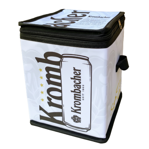 Krombacher Mini Cooler Bag with shoulder strap and classic white and black logo print for chilled drinks.