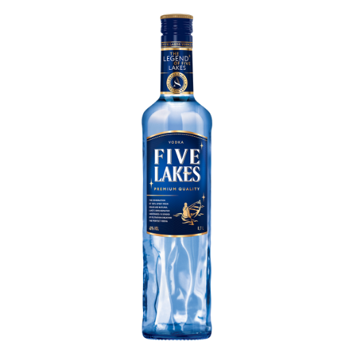 Premium Five Lakes Vodka bottle (700ml) in blue glass, featuring the boatman legend logo.