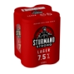 Sturmano Strong Premium Lager 4-pack cans showing red packaging and captain logo.