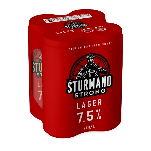 Sturmano Strong Premium Lager 4-pack cans showing red packaging and captain logo.