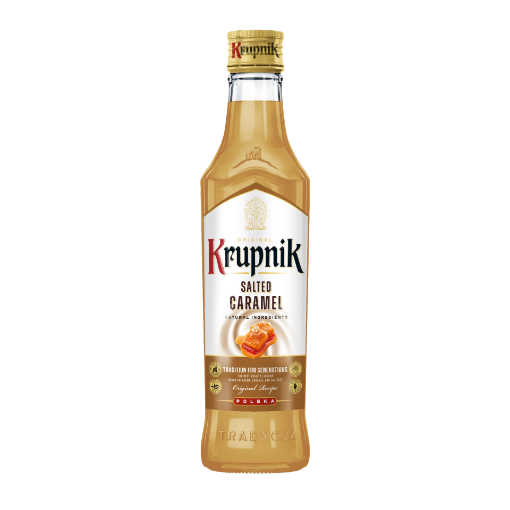 Bottle of Krupnik Salted Caramel Liqueur 500ml, featuring a traditional Polish label and the rich, golden-brown colour of the liqueur, possibly with illustrations of caramel swirls or salt crystals.
